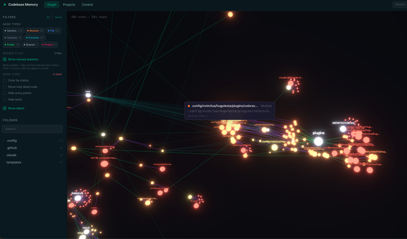 The graph UI showing one indexed repository — 486 nodes and 643 edges, filtered by node type, with a module node selected